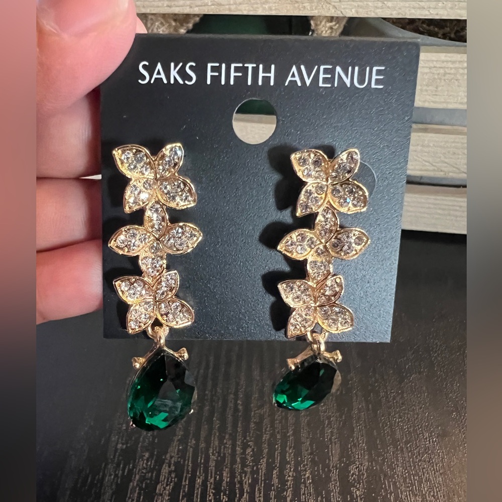 Saks Fifth Avenue Gold/Emerald Flower Drop Earrings - Picture 4 of 5